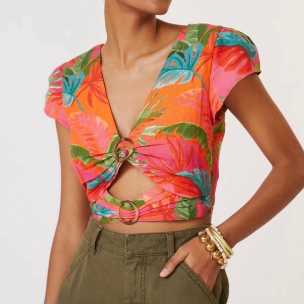 FARM Rio Tropical Print Short Sleeve Top - Pink, Orange, Green